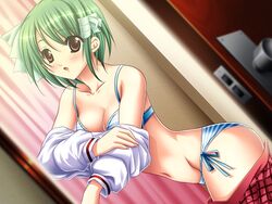 asakura_yayoi blue_panties blush bra brown_eyes dutch_angle game_cg green_hair hair_ribbon lingerie maho_gaku navel open_mouth panties ribbon shindou_mikeko side-tie_panties skirt_pull solo source_request striped striped_panties tress_ribbon underwear undressing