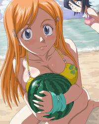 2girls beach bikini black_hair bleach blue_eyes breast_envy breast_press breasts cleavage female female_only food fruit grey_eyes holding holding_fruit inoue_orihime kuchiki_rukia large_breasts long_hair lowres multiple_girls ocean orange_hair swimsuit tofu_(artist) water watermelon