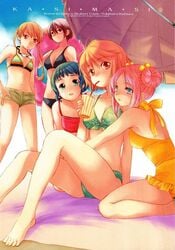 barefoot beach bikini blue_eyes brown_hair feet glasses innertube jan-puu kamiizumi_yasuna kashimashi katsura_yukimaru kurusu_tomari manga mari_ayuki orange_hair osaragi_hazumu pink_hair red_eyes red_hair swimsuit toes umbrella