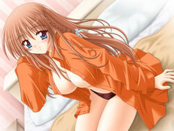 4:3 alma_~zutto_soba_ni...~ bed black_panties blue_eyes blush braid breasts brown_hair cleavage closed_mouth clothes color dress_shirt dutch_angle female female_only game_cg hair hair_ribbon human indoors long_hair looking_at_viewer matra_milan mitsuki_kanae no_bra open_clothes open_eyes open_shirt panties ribbon shirt sitting smile solo underwear