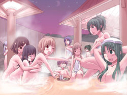 07th_expansion 6+girls akane_sonozaki arms_up color everyone female furude_rika group hanyuu higurashi_no_naku_koro_ni houjou_satoko mamiya_rina mamiya_ritsuko mion_sonozaki multiple_girls nude onsen rumiko_chie sake shion_sonozaki siblings sparkle takano_miyo take_it_home towel twins wink yuri