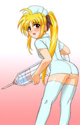 ass back blonde_hair blush fate_testarossa g-tetsu hair_ribbon hat highres leaning_forward long_hair looking_back lyrical_nanoha mahou_shoujo_lyrical_nanoha mahou_shoujo_lyrical_nanoha_a's nurse nurse_cap panties pantyshot pantyshot_(standing) red_eyes ribbon short_dress solo standing syringe thighhighs tied_hair twintails underwear upskirt white_panties zettai_ryouiki