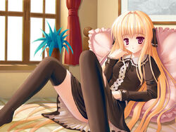 bed blonde_hair blush game_cg gothic kounose_akara long_hair purple_eyes red_eyes solo thighhighs