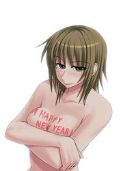 1girls body_writing breasts female gensou_ninja happy_new_year maria-sama_ga_miteru new_year sei_satou simple_background solo white_background