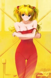 asuka_langley_sohryu blonde_hair blue_eyes breasts cleavage clothing female female_only hair highres human kobayashi_yuji large_breasts long_hair neon_genesis_evangelion nipple_slip nipples signature solo thigh_gap thighs undressing unitard