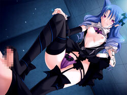 blue_hair breasts censored female femdom footjob licking_lips male nipples open_clothes open_shirt penis purple_eyes sabae_no_ou shirt small_breasts straight thighhighs