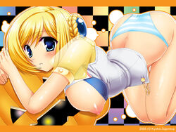 1girls blonde_hair blouse blue_eyes blue_panties blush bottomless breasts breasts_out dated female hair_bun jack-o'-lantern melua_melna_meia nipple nipples no_pants panties pumpkin shigemiya_kyouhei sideboob solo striped striped_panties super_robot_wars super_robot_wars_judgement thigh_gap thighs top-down_bottom-up underwear wallpaper