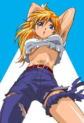 1girls armpits arms_raised asymmetrical_clothes bandana belt blonde_hair blue_eyes breasts clothes cutoffs female hair haruyama headband jeans lune_zoldark one_pantsleg short_hair single_pantsleg solo super_robot_taisen super_robot_wars super_robot_wars_original_generation super_robot_wars_the_lord_of_elemental tank_top torn_clothes torn_jeans underboob