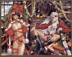 breasts christmas erect_nipples flat_chest high_resolution knee_boots midriff naked_ribbon navel ribbon ribbons shirou_masamune shirow_masamune snow snowing window