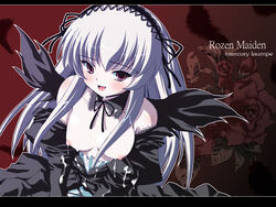 1girls breasts cum cum_on_body cum_on_breasts cum_on_clothes cum_on_upper_body female gothic_lolita lolita_fashion pale_skin pink_eyes rozen_maiden silver_hair solo suigintou wallpaper wings