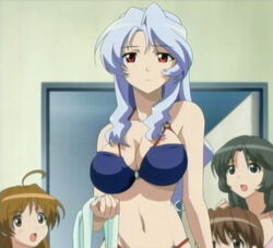 bikini black_hair blue_hair breast_envy breasts brown_hair cap cleavage kojima_eri large_breasts long_hair magical_canan red_eyes screencap swimsuit