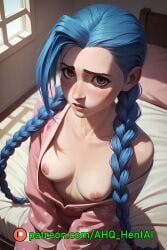 ahq_hentai ai_generated arcane arcane_jinx blue_hair blush breasts exposed_breasts jinx_(league_of_legends) league_of_legends nipples nsfw pajamas pink_eyes shy stable_diffusion