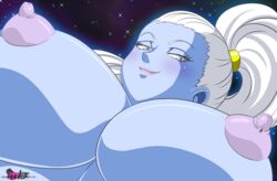 angel angel_(dragon_ball) big_breasts blue_skin breasts dragon_ball dragon_ball_super giantess huge_breasts long_hair nipples space vados white_hair