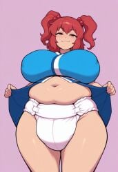 1girls ai_generated chubby diaper diaper_fetish fat komachi_onozuka lifting_skirt smiling touhou