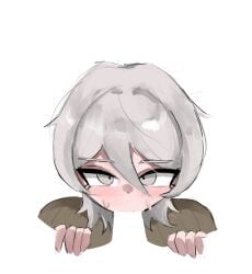 1girls 2026 blowjob blush color colored digital_media_(artwork) doubleuww1 faust_(limbus_company) fellatio female grabbing_another's_thighs grey_eyes grey_hair hair hi_res limbus_company looking_at_viewer looking_up male_pov meme meme_reference negative_space_cunnilingus_(meme) negative_space_oral_(meme) oral oral_sex penis penis_in_mouth point_of_view pov project_moon simple_background sweat sweatdrop white_background