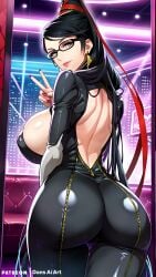 1girls ai_generated back_view bayonetta bayonetta_(character) big_breasts black_hair dans_ai female huge_breasts large_breasts long_hair mature_female v