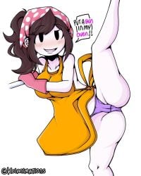 ahoykoi apron blush cameltoe cooking_mama cosplay impregnation_request jaiden_animations jaiden_dittfach koianimations mama_(cooking_mama)_(cosplay) mitts purple_panties spreading standing_on_one_leg text youtube