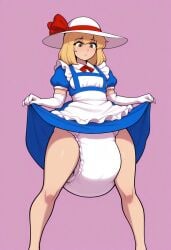 1girls ai_generated diaper diaper_fetish kana_anaberal lifting_skirt touhou worried worried_expression