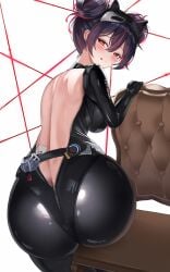 2020s 2024 ass blush butt_crack cards cat_mask chair exposed_back hair_bun hair_highlights kitin laser latex latex_suit looking_back mask quency_(escape_queen)_(nikke) quency_(nikke) tongue tongue_out utility_belt