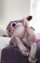 2016 anal anthro anus ass disney edit female foundr fur grey_background grey_fur hi_res judy_hopps lagomorph long_ears looking_at_viewer looking_back lube mammal paws presenting presenting_hindquarters purple_eyes pussy rabbit rear_view simple_background smile solo tres-apples zootopia