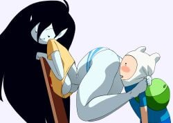 1boy 1girls adventure_time ass ass_focus astonished black_hair cartoon_network coolerinker fangs feet finn_the_human floating green_skin inker_comics inkershike looking_back marceline panties striped_panties toes underboob vampire vampire_girl yellow_shirt