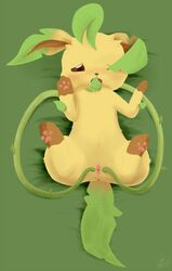 anus arti4000 cute eeveelution female feral green_background leaf leaf_ears leaf_tail leafeon nintendo open_mouth pokemon pussy shy simple_background solo spread_pussy spreading tentacle video_games vines