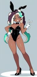 ai_generated bunny_ears bunnysuit dark-skinned_female dark_skin female female_focus female_only fishnets high_heels marina_(splatoon) peace_sign playboy_bunny self_upload splatoon splatoon_(series) splatoon_2 stable_diffusion