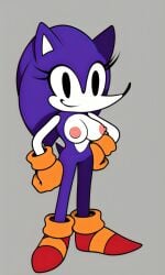 ai_generated anthropomorphic big_breasts black_eyes eyelashes female female hand_on_hip hedgehog naked needlemouse_(character) needlemouse_(series) nude orange_gloves perky_breasts pixai purple_fur red_boots simple_background smile solo sonic.exe white_skin