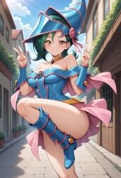 1girls ai_generated ass blush brown_eyes closed_mouth cosplay dark_magician_girl_(cosplay) female green_hair hi_res kotori_mizuki one_leg_up pose sephiaton955 short_hair skirt smile solo teenager thighs tori_meadows yu-gi-oh! yu-gi-oh!_zexal