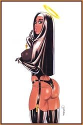 1990s 1997 1girls 20th_century ass big_ass big_breasts breasts dark-skinned_female dark_skin elbow_gloves female female_only garter_straps human human_only kevin_j_taylor latex latex_gloves latex_nun latex_stockings nun nun's_habit slutty_nun solo stockings