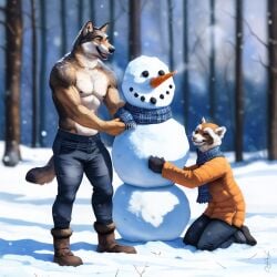 2024 2boys abs ai_generated animal_humanoid anthro avaru biceps black_nipples black_nose canid canine duo fur furry grey_body grey_fur humanoid male male_only mammal muscular muscular_male nipples scarf size_difference snow snowman tufted_fur wholesome winter wolf