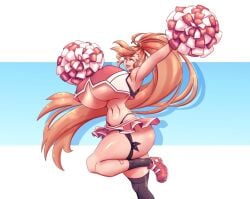 1girls big_breasts black_g-string black_socks brother_complex busty cheerleader cheerleader_outfit cheerleader_uniform female_focus female_only happy_expression hourglass_figure huge_breasts long_hair n647 no_bra orange_hair pom_pom_(cheerleading) pom_poms ponytail rose_drake_(n647) skirt tall_female underboob