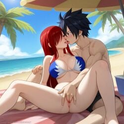 1boy ai_generated beach big_breasts black_hair couple erza_scarlet fairy_tail female fingering gray_fullbuster red_hair romantic romantic_couple sex