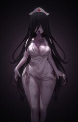 big_breasts black_hair eyes_covered ghost ghost_girl grey_background grey_body horror_(theme) jashinn long_hair long_tongue no_bra no_panties nurse nurse_cap ripped_clothing tattered_clothing the_cradle_of_nurtured_eggs thick_thighs thighs