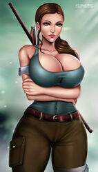 1girls abstract_background arms_crossed_under_breasts arrows belt breasts brown_eyes brown_hair brown_shorts cleavage eidos female female_only flowerxl green_background green_topwear huge_breasts lara_croft lara_croft_(survivor) large_breasts long_hair looking_at_viewer pale-skinned_female ponytail red_lipstick sexy_armpits solo tagme thighhighs tomb_raider video_game_character video_games