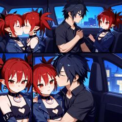 1boy1girl ai_generated black_hair couple demon_girl disgaea etna red_eyes red_hair short_hair twintails