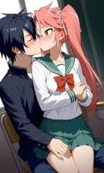 1boy ai_generated black_hair caressing couple couple_(romantic) crossover fairy_tail female glasses gray_fullbuster high_school_of_the_dead highschool_of_the_dead kissing pink_hair romantic romantic_couple saya_takagi school_uniform