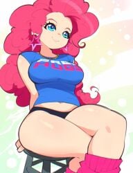 aetherion_art alternate_species alternate_version_available anthrofied blue_eyes curly_hair curvy curvy_female earrings equestria_girls fully_clothed gijinka legwarmers light-skinned_female light_skin my_little_pony panties pink_hair pinkie_pie_(eg) pinkie_pie_(mlp) shirt_and_panties simple_background sitting skimpy_clothes smiling t-shirt