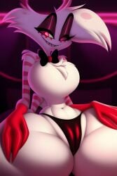 1boy 1male angel_dust_(hazbin_hotel) big_ass big_breasts cameltoe fur hands_on_thighs hazbin_hotel looking_at_viewer smiling spreading_legs strip_club striped_body thick_thighs thong white_fur