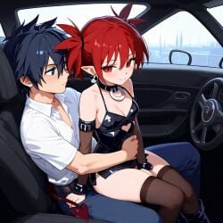 1boy ai_generated black_hair clothed couple crossover demon_girl disgaea etna fairy_tail female gray_fullbuster inside_car lap_sitting red_hair small_breasts