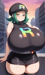 1girls ai_generated big_ass big_breasts breasts_bigger_than_head clothed clothed_female curvaceous curvy curvy_figure enormous_breasts ftggtgg gigantic_breasts green_eyes green_hair hat huge_ass huge_breasts hyper_breasts large_breasts massive_breasts nintendo pokemon rainbow_rocket_grunt skirt smug smug_face solo solo_female solo_focus team_rainbow_rocket_grunt_(female) team_rocket_grunt team_rocket_grunt_(female)