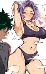 1boy 1girls armpits arms_behind_head arms_up blush boku_no_hero_academia female freckles green_hair heart izuku_midoriya kaina_tsutsumi lady_nagant light-skinned_female light-skinned_male light_skin male my_hero_academia nipple_bulge pink_hair purple_eyes purple_hair purple_underwear school_uniform schoolboy short_hair sports_bra sweat two_tone_hair unaging underwear