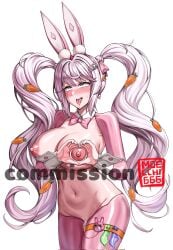 ahe_gao aris_(blue_archive) artist_name blush breasts carrot_hair_ornament cleavage commission condom cum cum_in_pussy detached_collar female food-themed_hair_ornament goddess_of_victory:_nikke hair_ornament heart heart_hands highres huge_breasts leotard meme_attire moecchi navel nipples one_eye_closed pink_eyes pink_hair pink_leotard pussy reverse_bunnysuit reverse_outfit solo sweat tongue tongue_out twintails uncensored used_condom watermark white_background