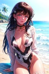 1girls ai_generated anime babe beach beautiful beautiful_females bell cleavage cow_print divine_beauty female hair_down inuyasha island kikyo large_breasts looking_at_viewer priestess sea sexy sitting sitting_on_ground stable_diffusion stockings swimsuit thick_thighs toongenai tree tropical tropical_setting waves wet wet_clothing white_stockings young_woman