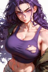 1girls abs absurd_res ai_generated female large_breasts long_hair midriff original_character serious torn_clothes violet_eyes