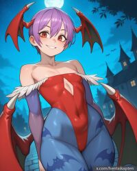 ai_generated darkstalkers demon hentaikapten leotard lilith_aensland moon night purple_hair red_eyes small_breasts succubus wings