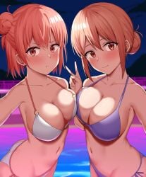 2girls ariatorai big_breasts blush breast_focus breast_to_breast breasts brown_eyes cleavage daughter female female_only hair hair_bun hips mature mature_female mature_woman milf mother mother_and_daughter my_teen_romantic_comedy_snafu night_sky orange_hair peace_sign pout pouting purple_bikini tied_hair upper_body upper_body_focus white_bikini yuigahama_yui yuigahama_yui's_mother
