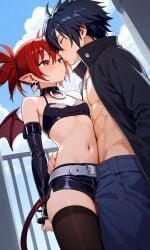 1boy ai_generated black_hair clothed couple crossover demon_girl disgaea etna fairy_tail female gray_fullbuster red_hair small_breasts