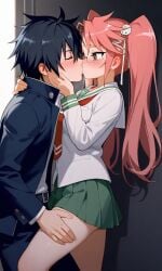 1boy ai_generated black_hair caressing couple couple_(romantic) crossover fairy_tail female glasses gray_fullbuster high_school_of_the_dead highschool_of_the_dead kissing pink_hair romantic romantic_couple saya_takagi school_uniform