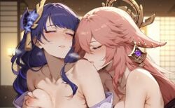 ai_generated alyxia big_breasts blush boobs_pressed eyes_closed genshin_impact groping groping_breasts guuji_yae lesbian_sex raiden_shogun tagme tongue_kiss yae_miko yuri